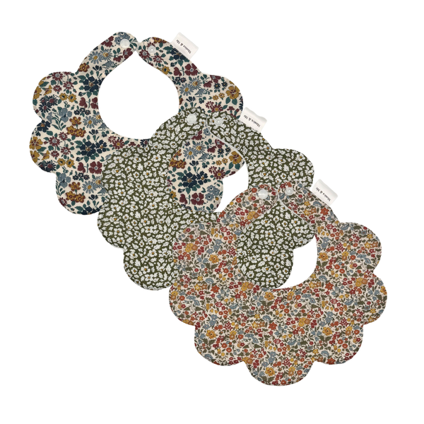 Ava Set of three Liberty print scalloped baby bibs, flat lay