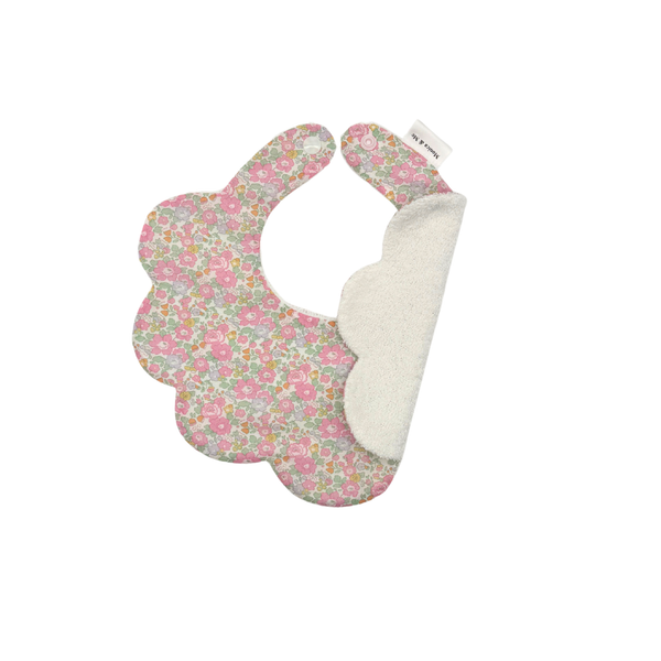 Pastel pink Liberty floral scalloped baby bib, Betsy Ann Pastel, close-up of the print