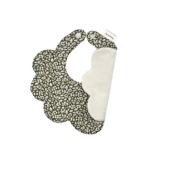 Feather Green floral scalloped baby bib, close-up of the print