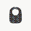 A baby bib with a dark navy blue background covered in a dense, colorful pattern of various animals including foxes, deer, sheep, and birds, shown on a plain light gray background.